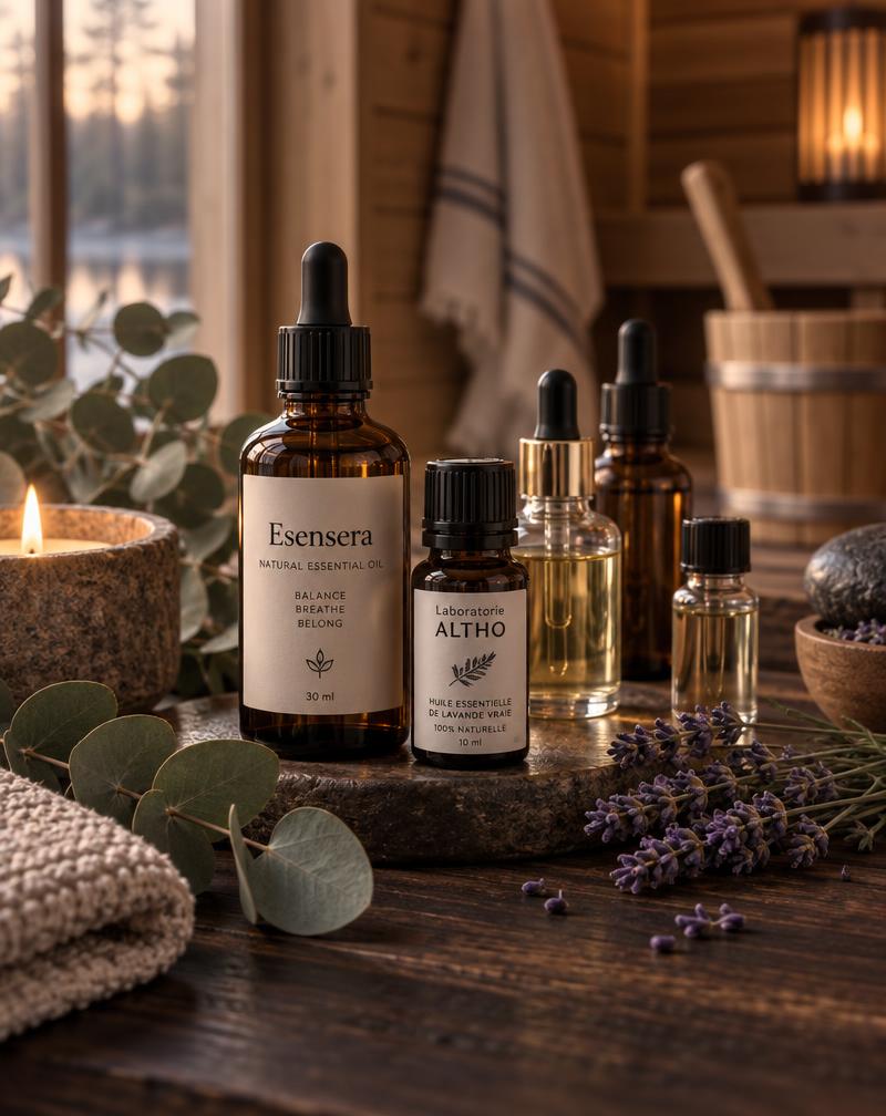 Æteriske olier fra Esensera og Laboratorie ALTHO på mørkt træ med lavendel og eukalyptus